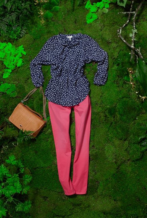 JOIE Madera scratch dot blouse, $218. BERACAMY Carnagnole cross-body in orange, $315. CITIZENS OF HUMANITY Thompson mid-rise skinny in shocking pink, $194.